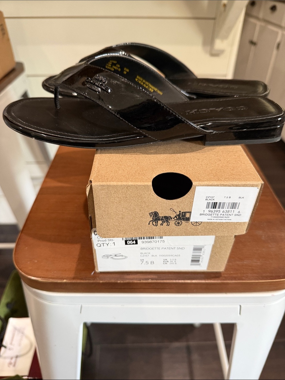 Coach Black Patent Leather Thong Sandals